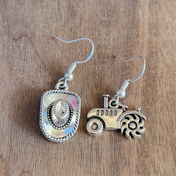 Handcrafted Jewelry - Western Mismatched Cowboy Hat and Tractor Silver Tone Dangle Earrings‎ NEW